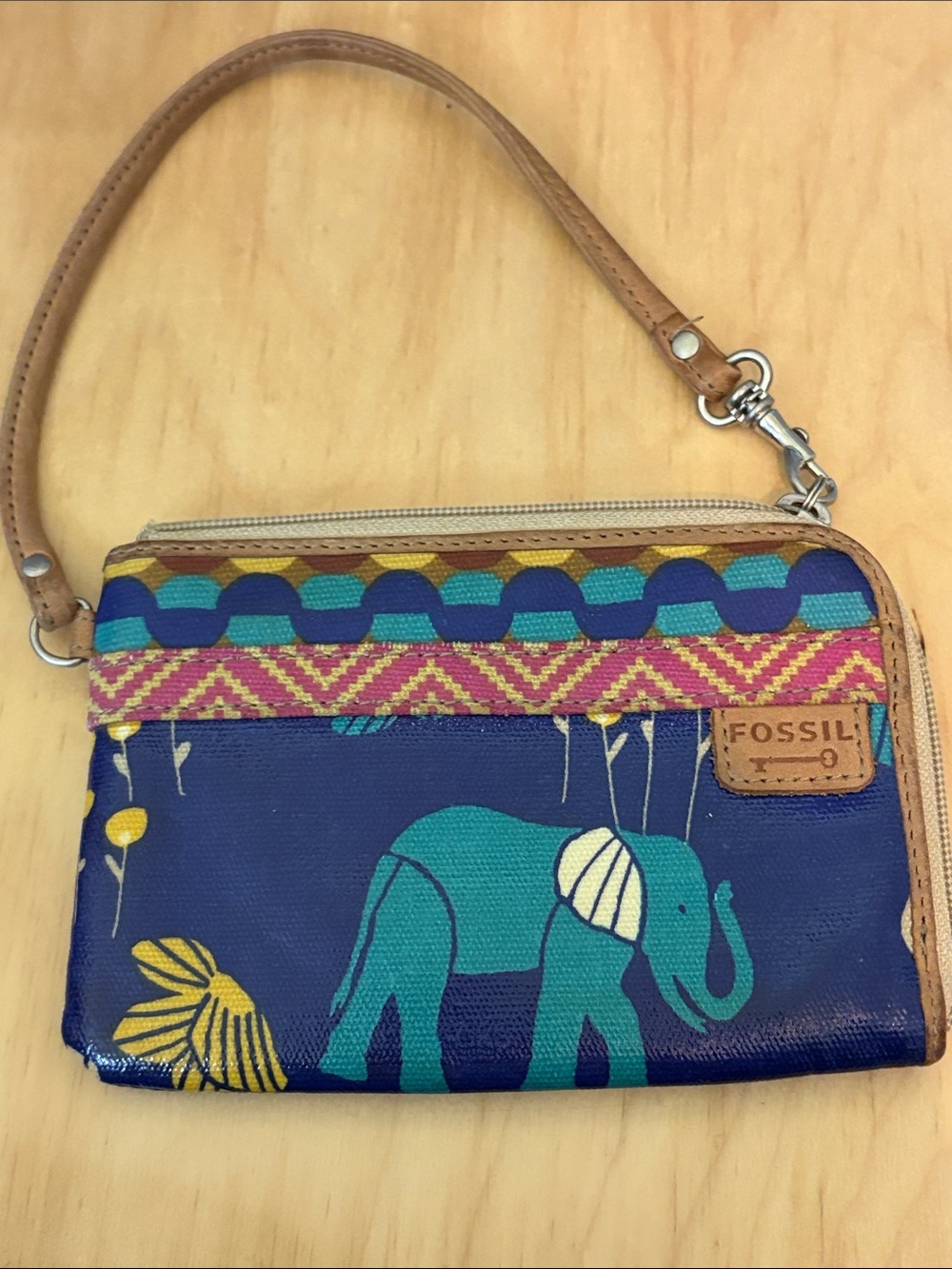 Fossil Blue Teal Elephant Pattern Wristlet with Brown Leather Strap